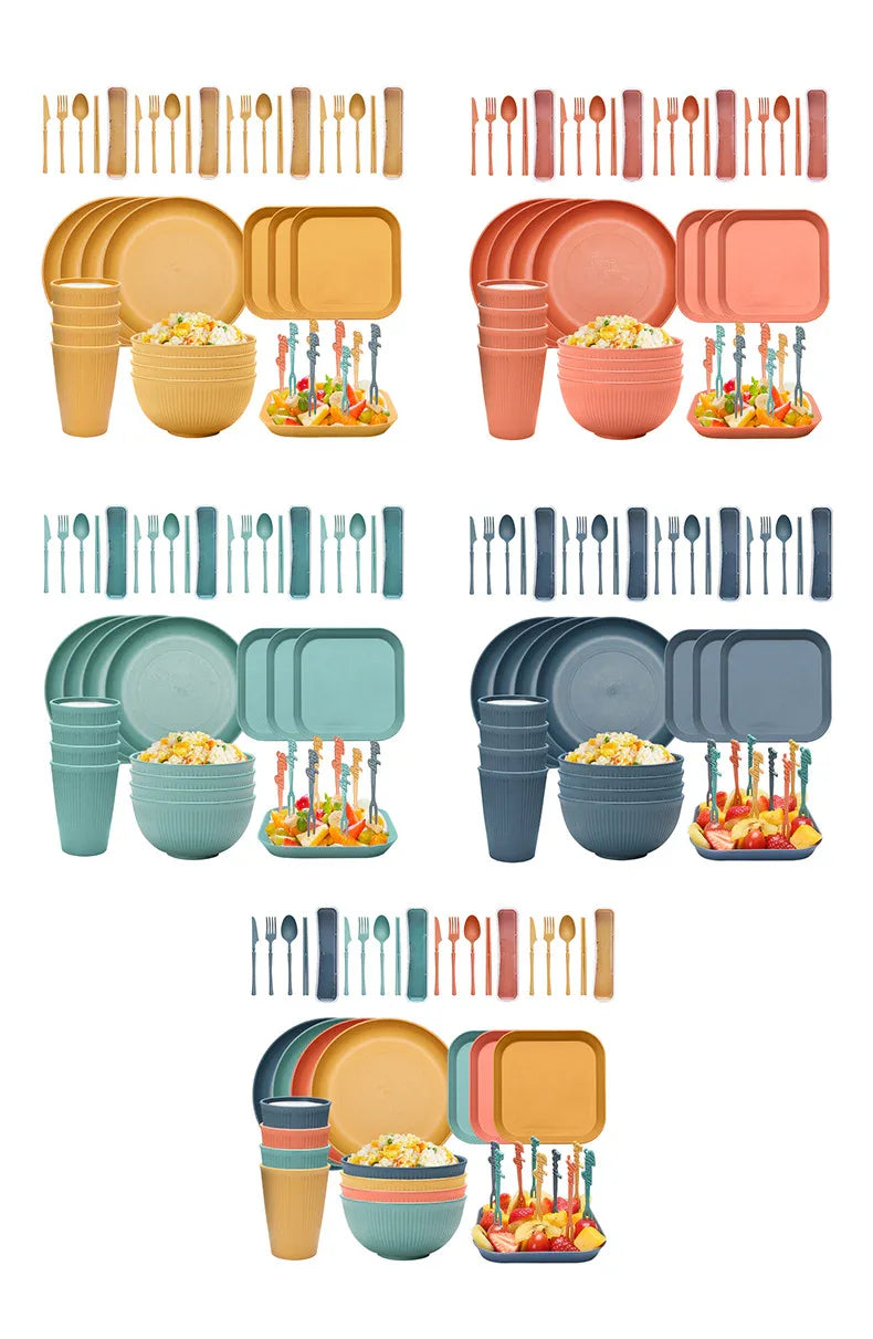 Four-person Set Multicolor Eco-Friendly Wheat Straw Dinnerware Set, Plate, Bowl, Cup & Utensil Set - Lightweight, Reusable, and Durable for Home, School, and Travel - Mekamart Australia