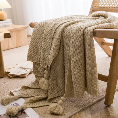 Beige 110cm x 150cm Soft Tassel Throw Blanket for Sofa or Bed, Cozy Casual Blanket for Office Nap, Minimalist Bed End Cover - Mekamart Australia