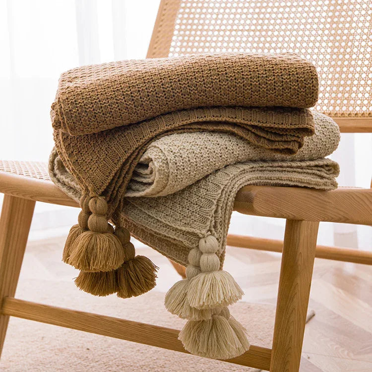 Beige 110cm x 150cm Soft Tassel Throw Blanket for Sofa or Bed, Cozy Casual Blanket for Office Nap, Minimalist Bed End Cover - Mekamart Australia