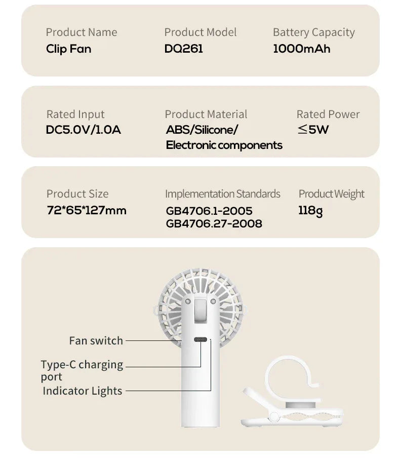 Apricot Portable Multifunctional Clip Fan DQ261 - 1000mAh Battery, 3-Speed, Quiet Cooling for Summer - Mekamart Australia