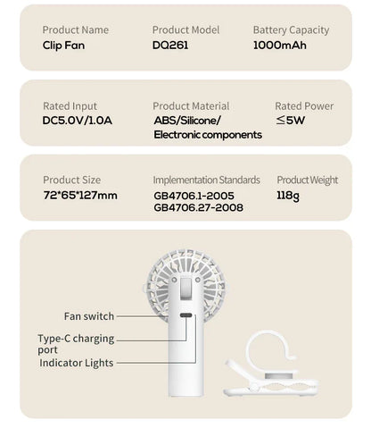 Ice Green Portable Multifunctional Clip Fan DQ261 - 1000mAh Battery, 3-Speed, Quiet Cooling for Summer - Mekamart Australia