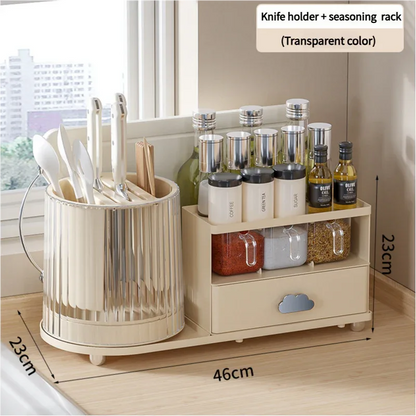 All-in-One Kitchen Countertop Organizer | Rotating Utensil Holder, Knife Block & Spice Rack with Drawer | Transparent color - Mekamart Australia