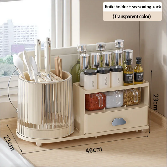 All-in-One Kitchen Countertop Organizer | Rotating Utensil Holder, Knife Block & Spice Rack with Drawer | Transparent color - Mekamart Australia