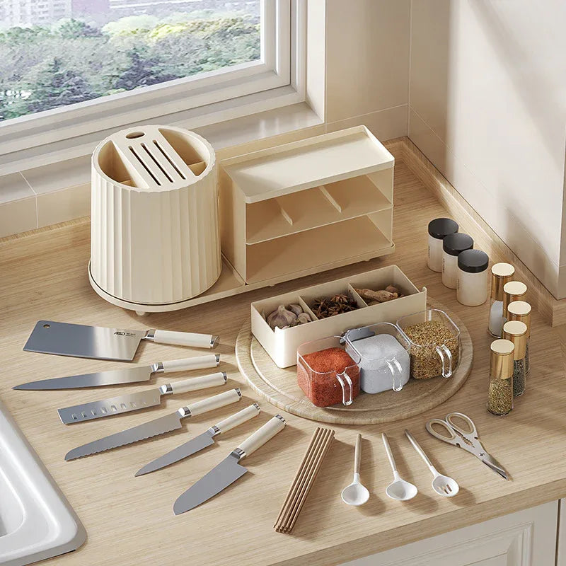 All-in-One Kitchen Countertop Organizer | Rotating Utensil Holder, Knife Block & Spice Rack with Drawer | Transparent color - Mekamart Australia
