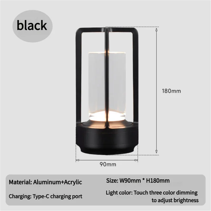 Black Rechargeable Table Lamp - Touch Dimming 3-Color LED Light for Bedroom and Office - Mekamart Australia