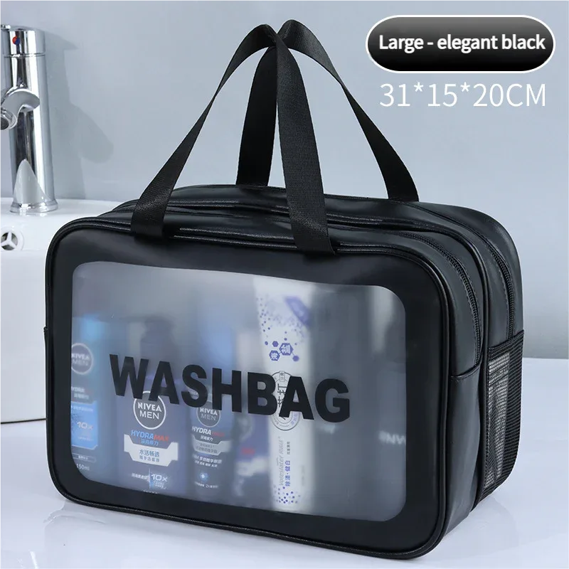 2PCS Dual-Layer Transparent PU Cosmetic Pouch - Wet and Dry Separation, Large size(31*15*20cm)- Black - Mekamart Australia