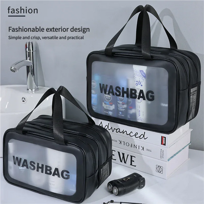 2PCS Dual-Layer Transparent PU Cosmetic Pouch - Wet and Dry Separation, Large size(31*15*20cm)- Black - Mekamart Australia