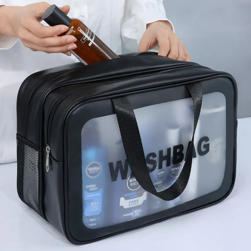 2PCS Dual-Layer Transparent PU Cosmetic Pouch - Wet and Dry Separation, Large size(31*15*20cm)- Black - Mekamart Australia