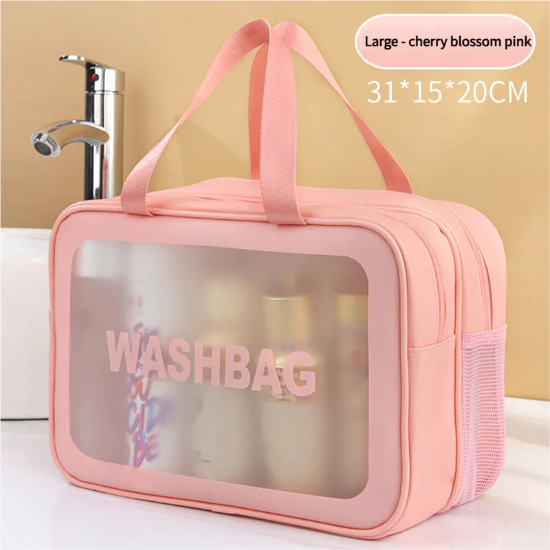 2PCS Dual-Layer Transparent PU Cosmetic Pouch - Wet and Dry Separation, Large size(31*15*20cm)- Pink - Mekamart Australia