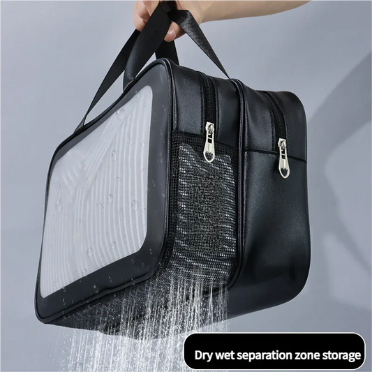 2PCS Dual-Layer Transparent PU Cosmetic Pouch - Wet and Dry Separation, Large size(31*15*20cm)- Pink - Mekamart Australia