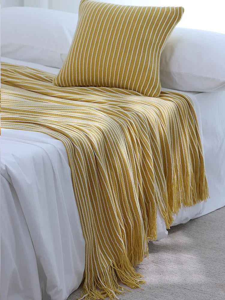 Yellow Cozy Knit Throw Blanket with Fringe - Stylish Striped Bed End Cover, 127x220CM - Mekamart Australia