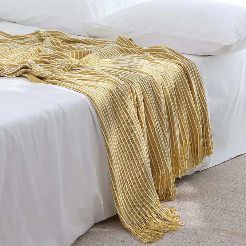 Yellow Cozy Knit Throw Blanket with Fringe - Stylish Striped Bed End Cover, 127x220CM - Mekamart Australia