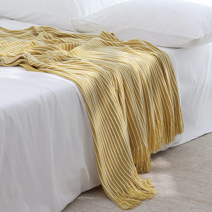 Yellow Cozy Knit Throw Blanket with Fringe - Stylish Striped Bed End Cover, 127x220CM - Mekamart Australia