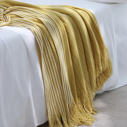 Yellow Cozy Knit Throw Blanket with Fringe - Stylish Striped Bed End Cover, 127x220CM - Mekamart Australia