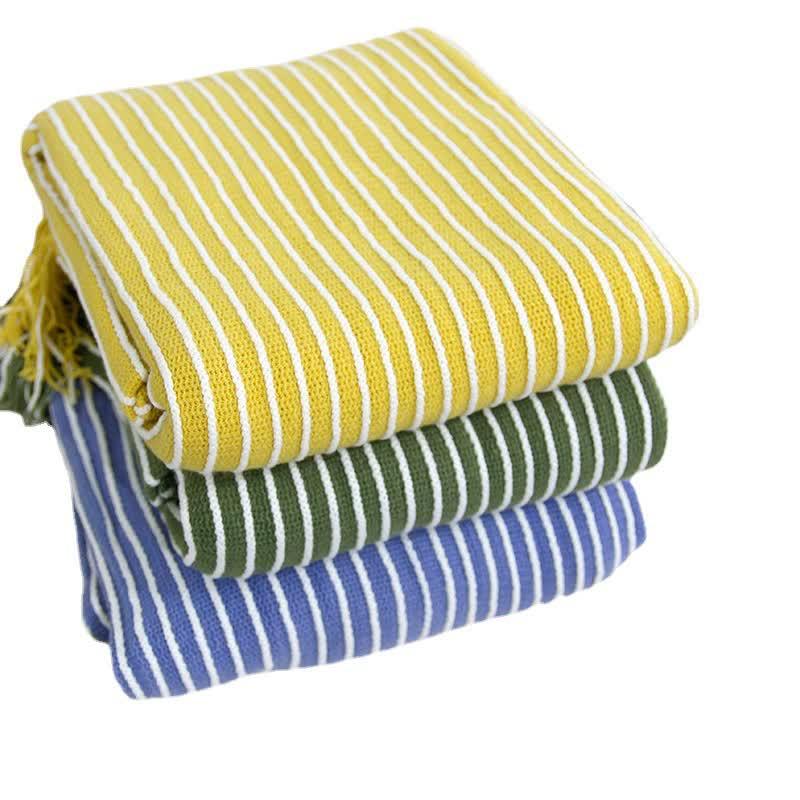 Yellow Cozy Knit Throw Blanket with Fringe - Stylish Striped Bed End Cover, 127x220CM - Mekamart Australia