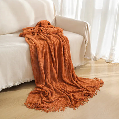 Orange Premium Woven Knitted Throw Blanket with Tassels | Soft, Cozy Sofa & Bed Blanket, Perfect for Office or Afternoon Naps 127x172cm - Mekamart Australia