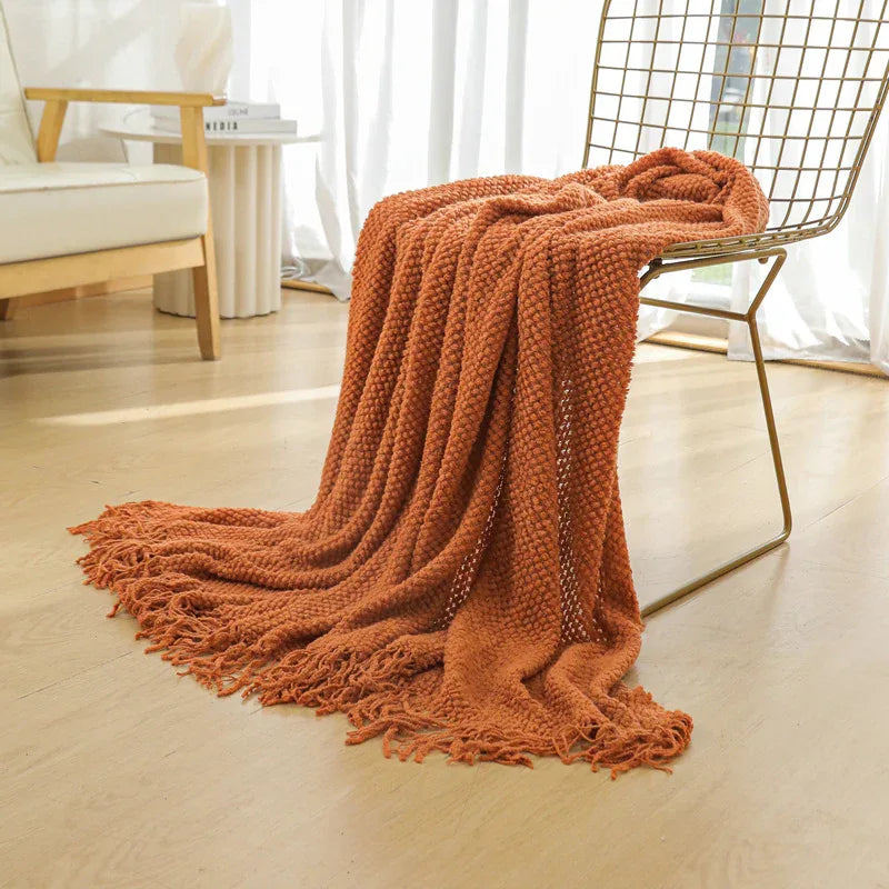 Orange Premium Woven Knitted Throw Blanket with Tassels | Soft, Cozy Sofa & Bed Blanket, Perfect for Office or Afternoon Naps 127x172cm - Mekamart Australia