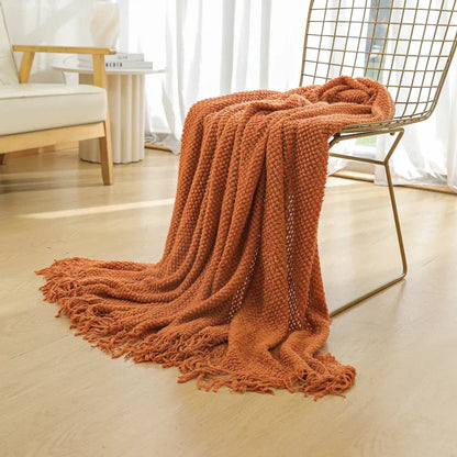 Orange Premium Woven Knitted Throw Blanket with Tassels | Soft, Cozy Sofa & Bed Blanket, Perfect for Office or Afternoon Naps 127x172cm - Mekamart Australia
