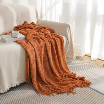 Orange Premium Woven Knitted Throw Blanket with Tassels | Soft, Cozy Sofa & Bed Blanket, Perfect for Office or Afternoon Naps 130x260cm - Mekamart Australia