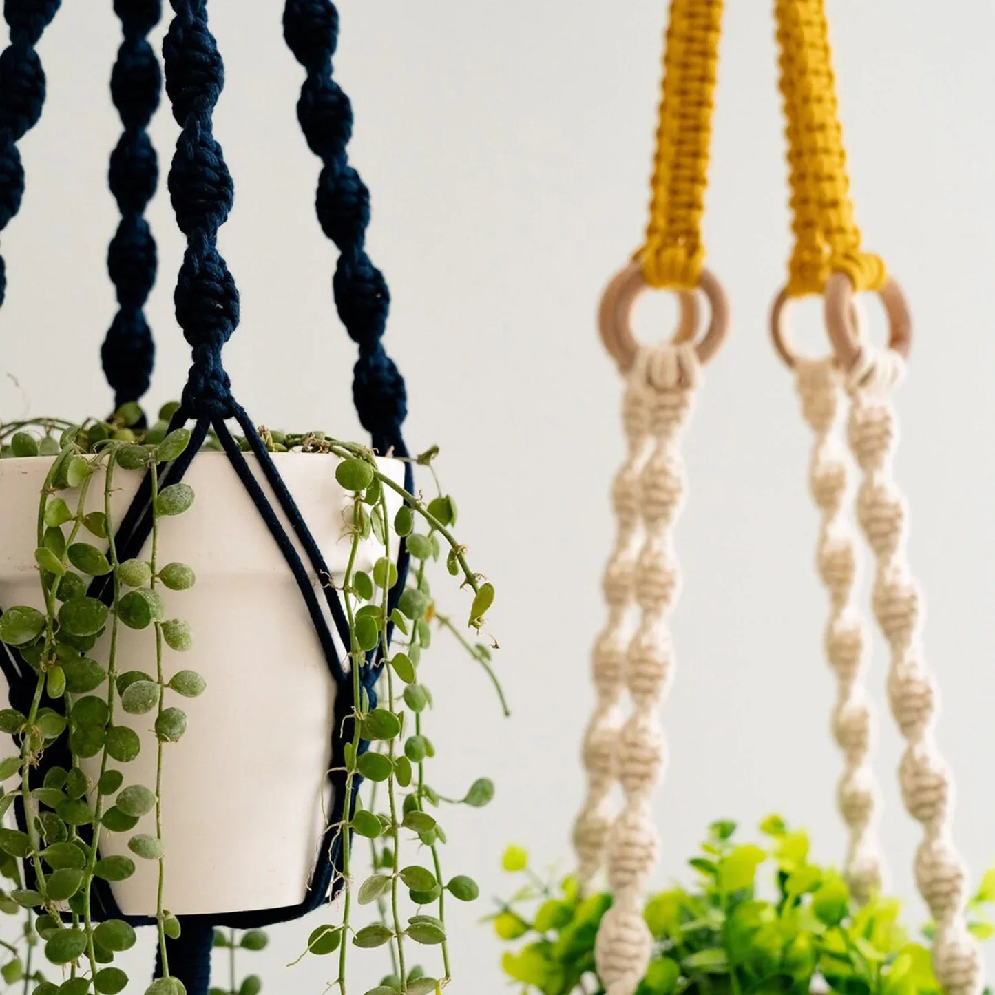 2 pcs Handwoven Plant Hanger-Cotton Rope Hanging Planter with Wooden Rings - Mekamart Australia