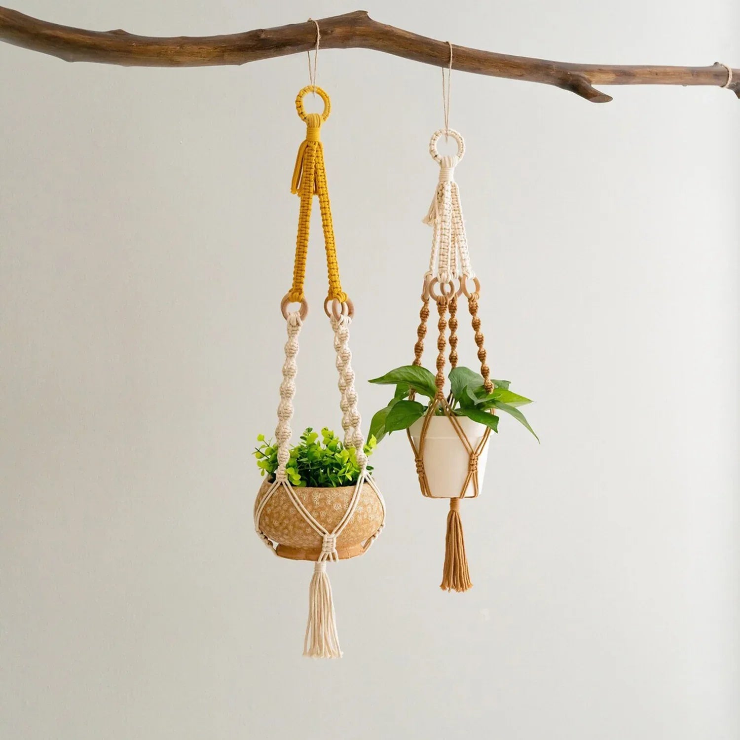 2 pcs Handwoven Plant Hanger-Cotton Rope Hanging Planter with Wooden Rings - Mekamart Australia