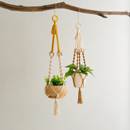 2 pcs Handwoven Plant Hanger-Cotton Rope Hanging Planter with Wooden Rings - Mekamart Australia