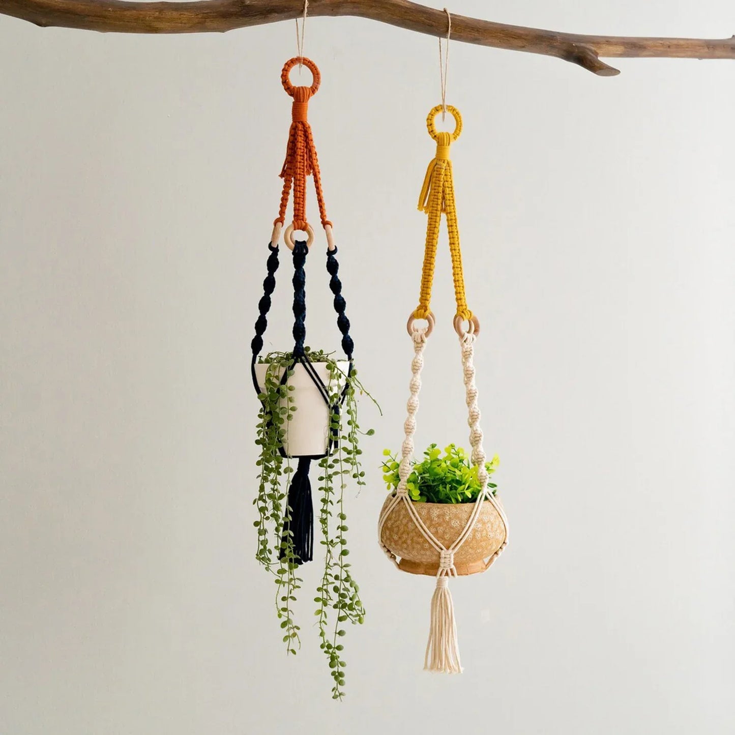 2 pcs Handwoven Plant Hanger-Cotton Rope Hanging Planter with Wooden Rings - Mekamart Australia