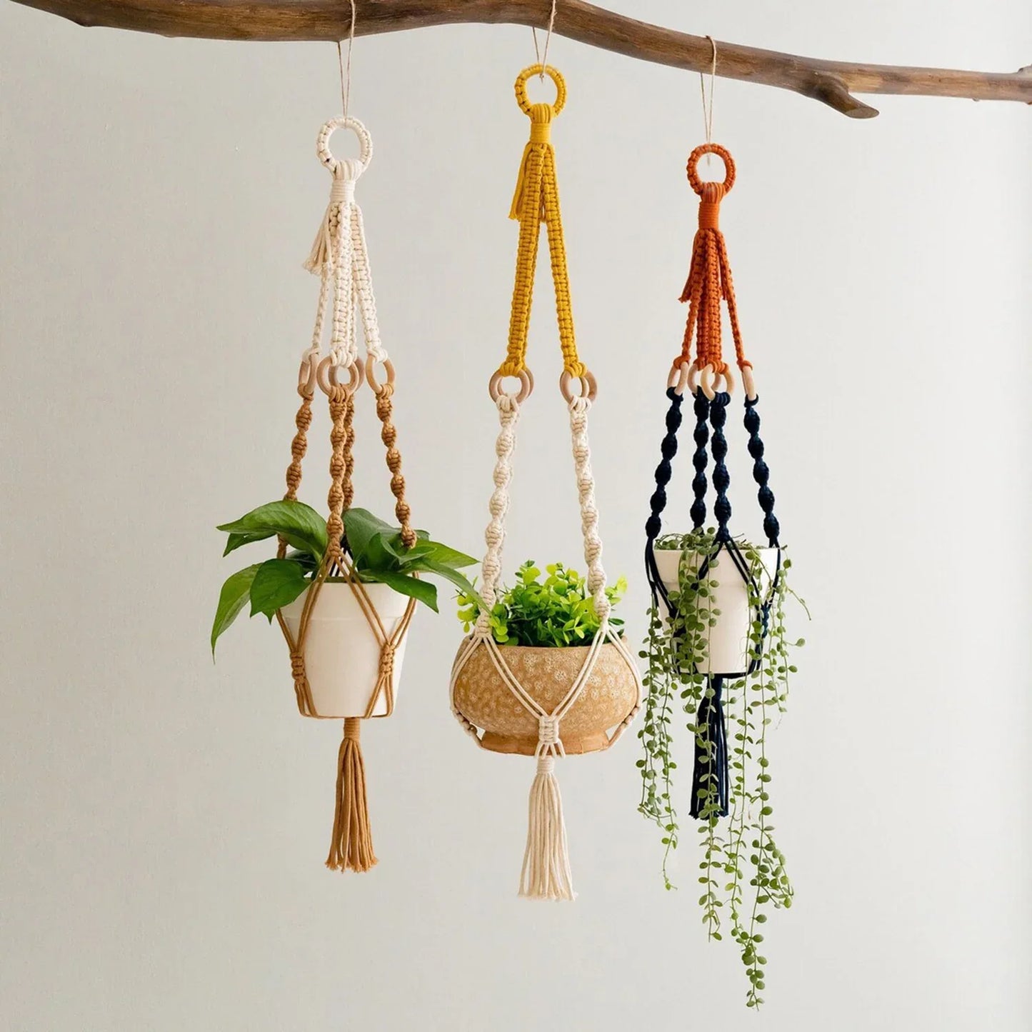 3 pcs Handwoven Plant Hanger-Cotton Rope Hanging Planter with Wooden Rings - Mekamart Australia