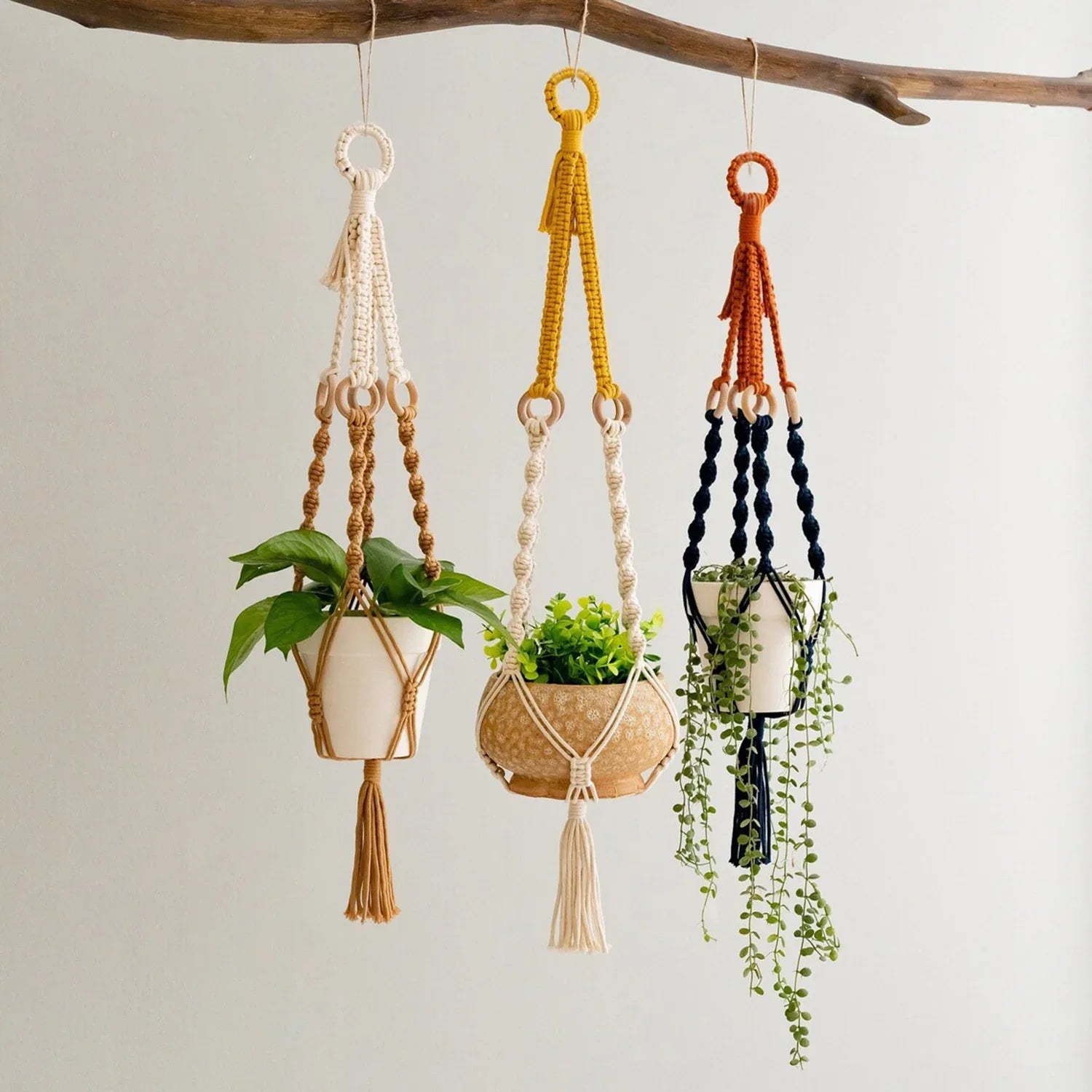 3 pcs Handwoven Plant Hanger-Cotton Rope Hanging Planter with Wooden Rings - Mekamart Australia