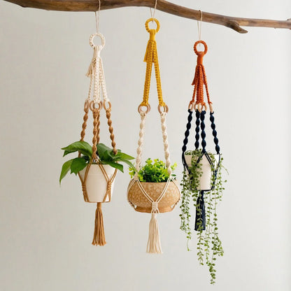 3 pcs Handwoven Plant Hanger-Cotton Rope Hanging Planter with Wooden Rings - Mekamart Australia