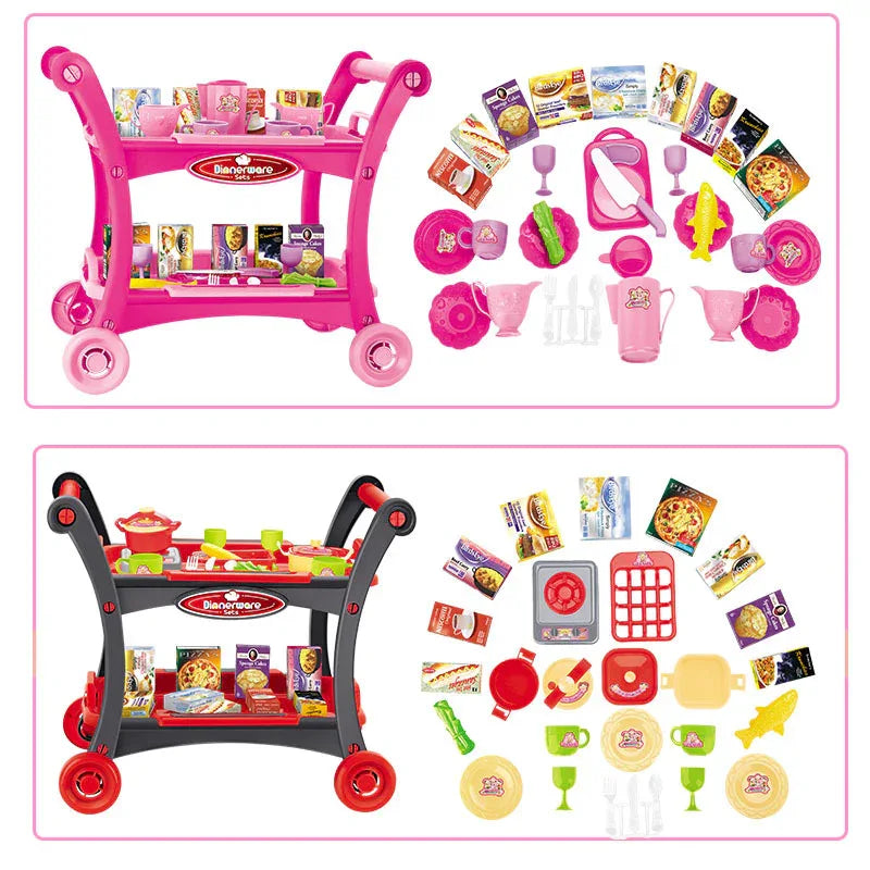 Pink Children's Pretend Play Kitchen Cart Set with Toys - Roleplay Cooking Set with Accessories - Educational Toy for Kids - Mekamart Australia
