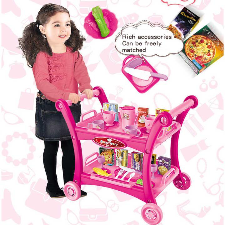 Pink Children's Pretend Play Kitchen Cart Set with Toys - Roleplay Cooking Set with Accessories - Educational Toy for Kids - Mekamart Australia