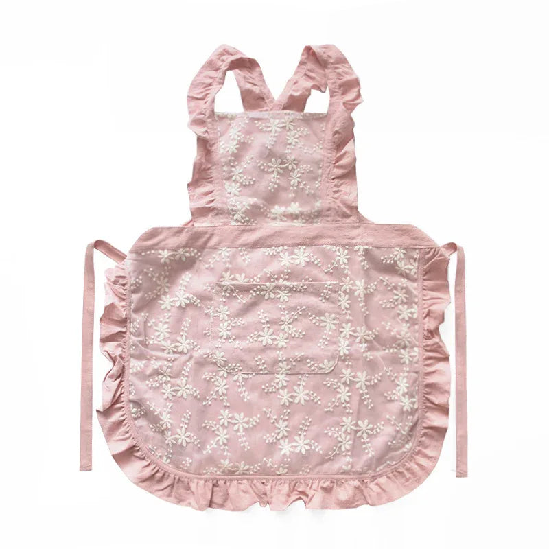 Pink Ruffled Kitchen Apron with Floral Lace - Comfortable Baking & Crafting Apron - Mekamart Australia
