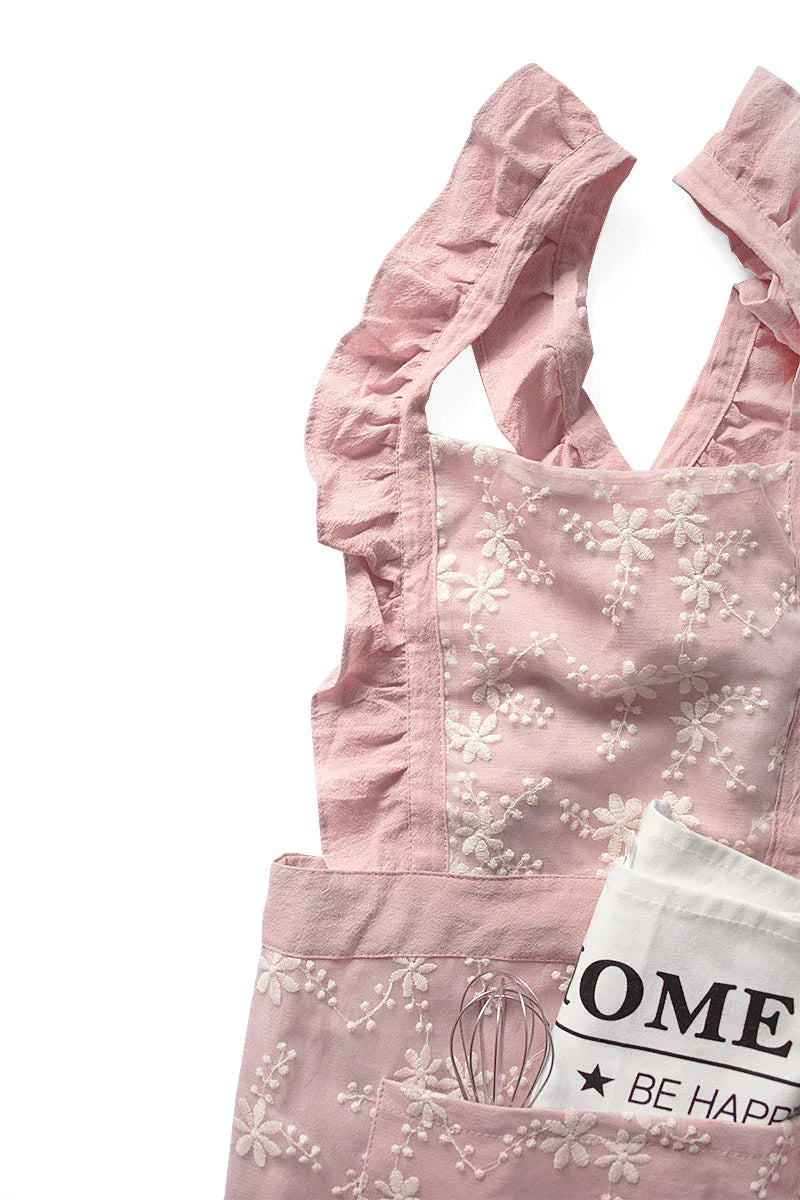 Pink Ruffled Kitchen Apron with Floral Lace - Comfortable Baking & Crafting Apron - Mekamart Australia