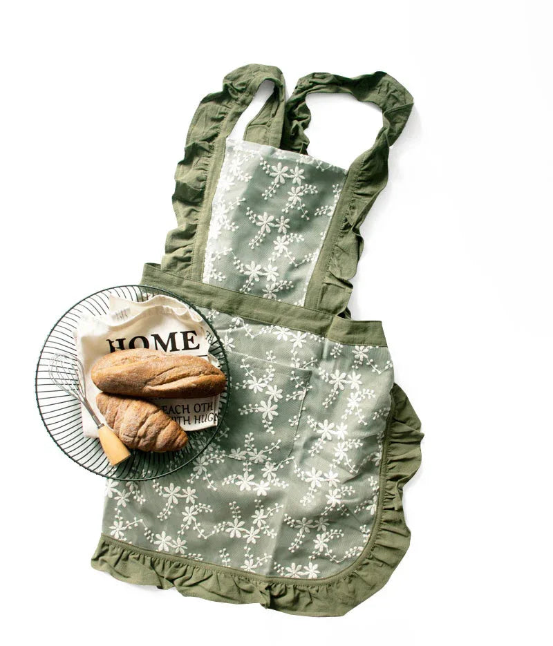 Pink Ruffled Kitchen Apron with Floral Lace - Comfortable Baking & Crafting Apron - Mekamart Australia