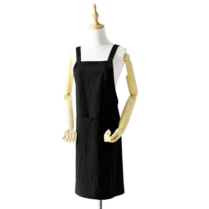Black Cotton Linen H-Back Apron - Solid Color Kitchen Cooking Apron with Pocket - Mekamart Australia