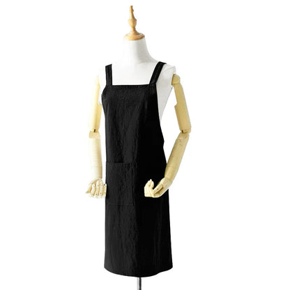 Black Cotton Linen H-Back Apron - Solid Color Kitchen Cooking Apron with Pocket - Mekamart Australia