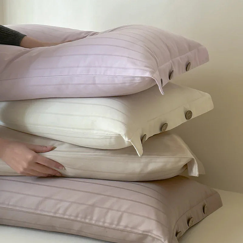 White Wide Stripes Long Staple Cotton Sateen Pillowcase Set - Jacquard Striped, Pure Cotton, 48x74cm (Pair) - Mekamart Australia