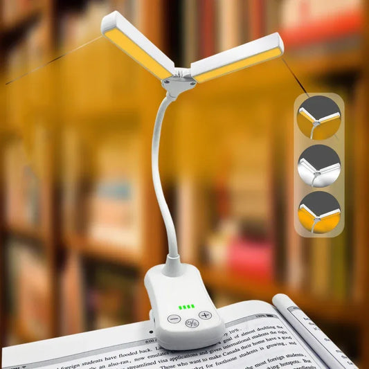 White Rechargeable Dual-Head Clip-On Book Light - Touch Control Reading Lamp with Eye Protection - Mekamart Australia