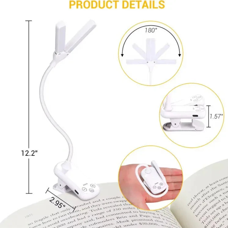 White Rechargeable Dual-Head Clip-On Book Light - Touch Control Reading Lamp with Eye Protection - Mekamart Australia