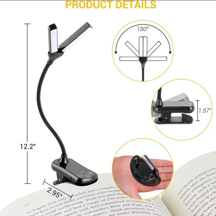 Black Rechargeable Dual-Head Clip-On Book Light - Touch Control Reading Lamp with Eye Protection - Mekamart Australia