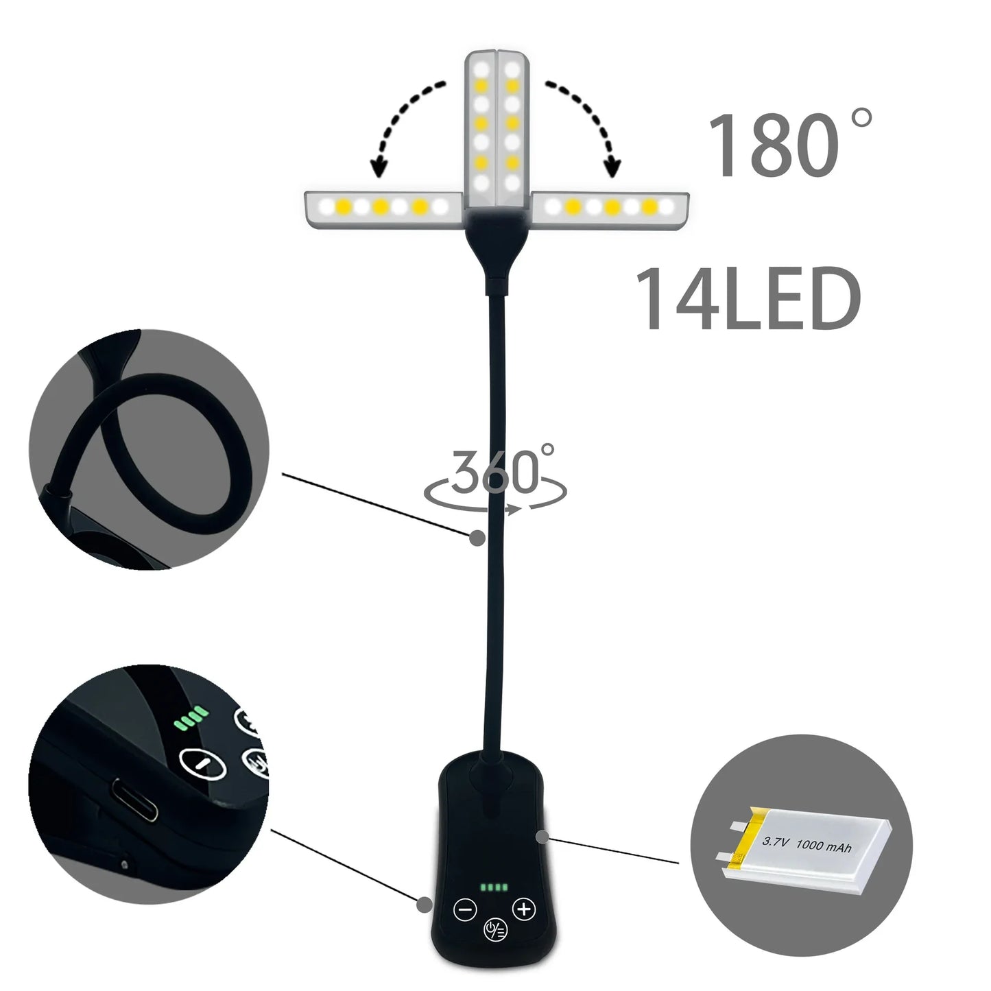 Black Rechargeable Dual-Head Clip-On Book Light - Touch Control Reading Lamp with Eye Protection - Mekamart Australia
