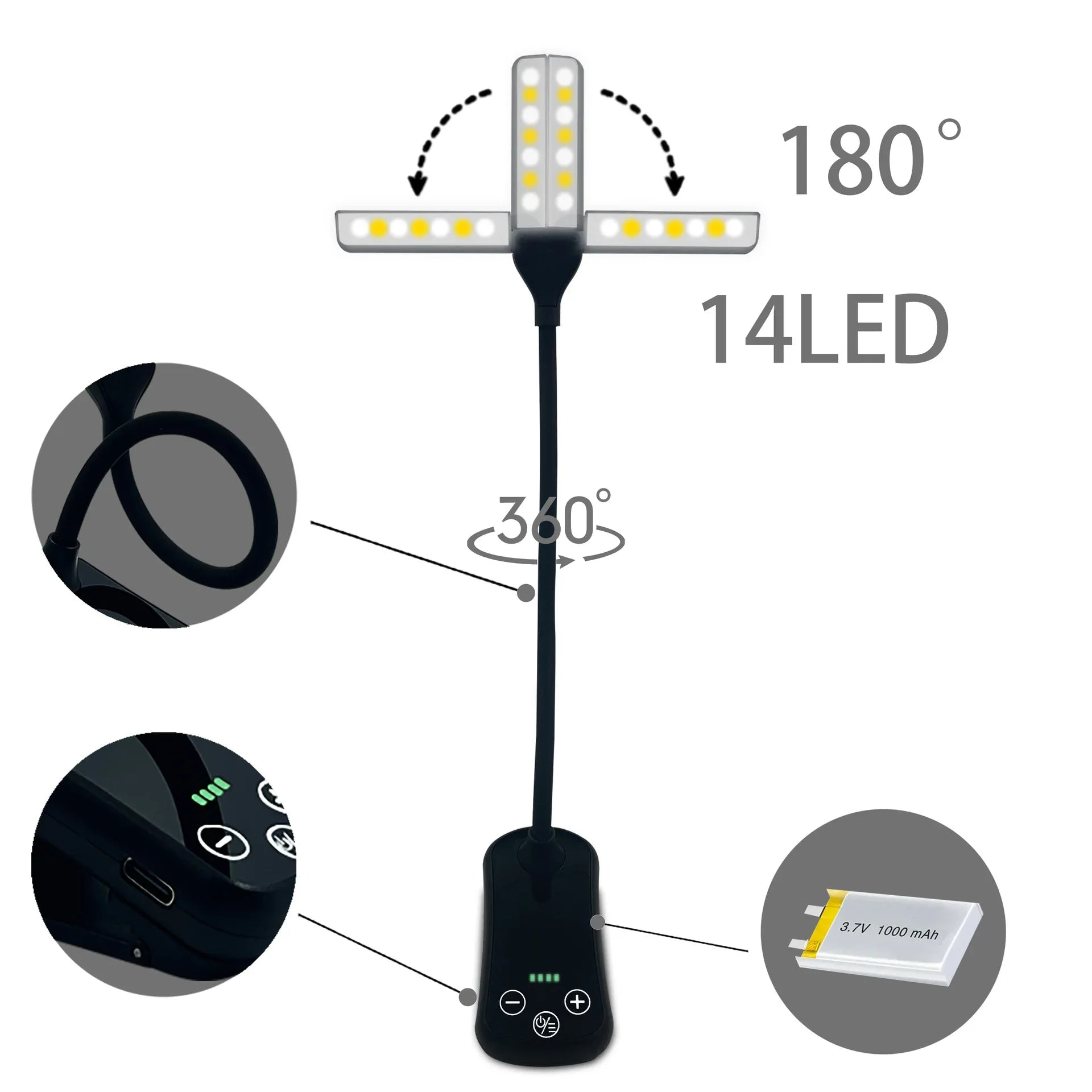 Black Rechargeable Dual-Head Clip-On Book Light - Touch Control Reading Lamp with Eye Protection - Mekamart Australia
