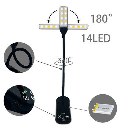 Black Rechargeable Dual-Head Clip-On Book Light - Touch Control Reading Lamp with Eye Protection - Mekamart Australia