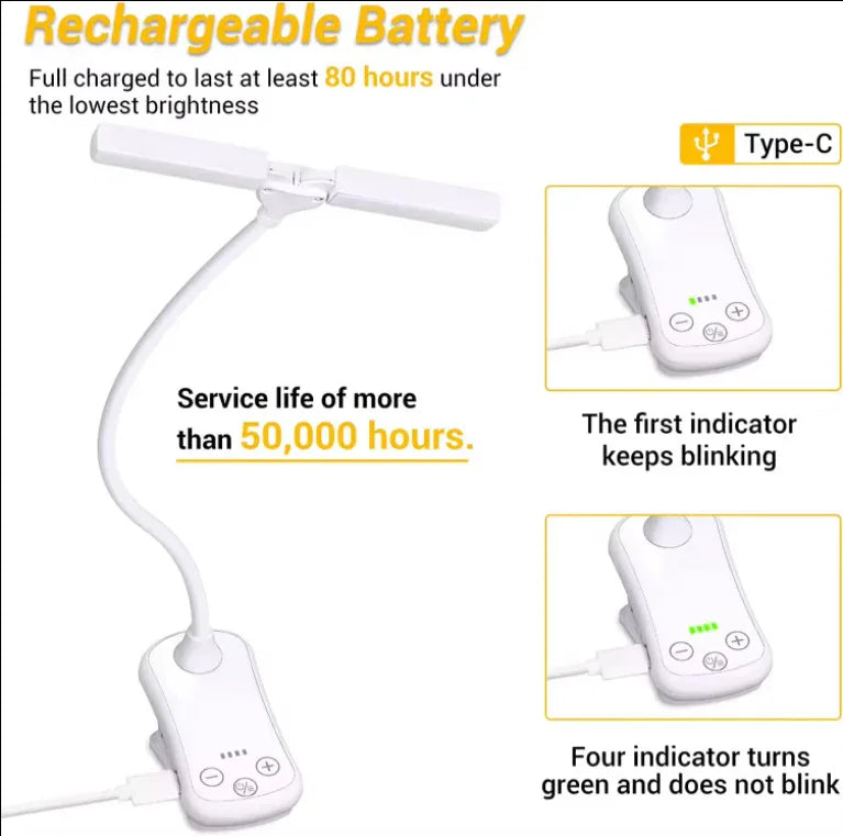 Black Rechargeable Dual-Head Clip-On Book Light - Touch Control Reading Lamp with Eye Protection - Mekamart Australia
