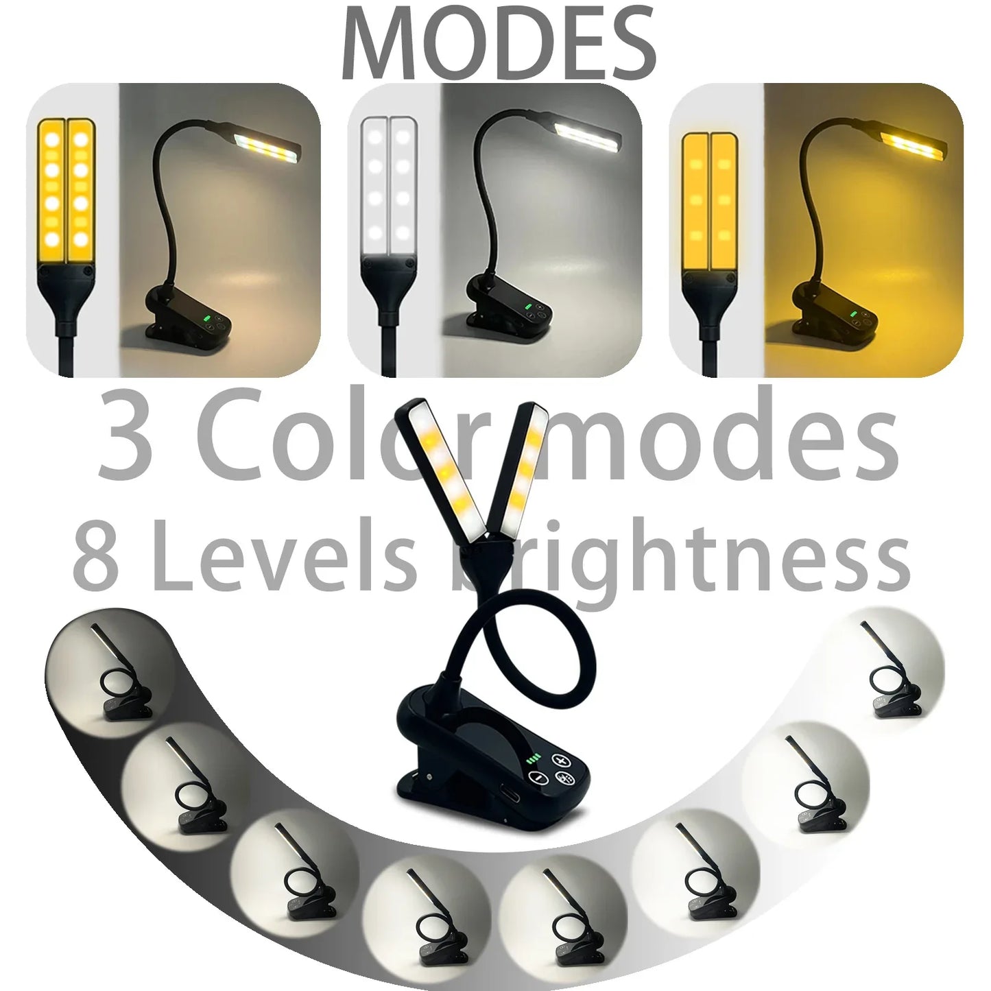 Black Rechargeable Dual-Head Clip-On Book Light - Touch Control Reading Lamp with Eye Protection - Mekamart Australia