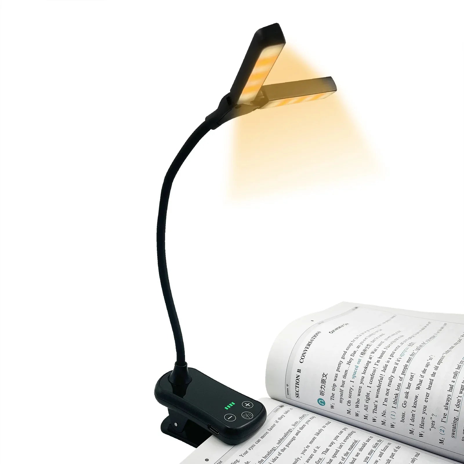 Black Rechargeable Dual-Head Clip-On Book Light - Touch Control Reading Lamp with Eye Protection - Mekamart Australia