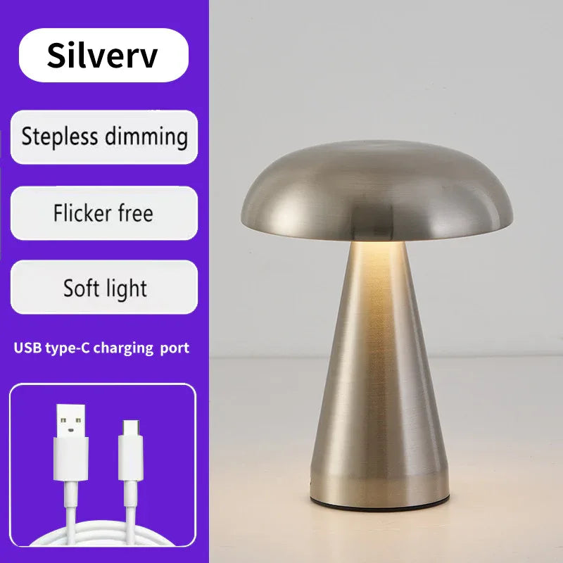Silver Metal Mushroom Table Lamp - Rechargeable Touch Control Ambient Light with Remote - Mekamart Australia