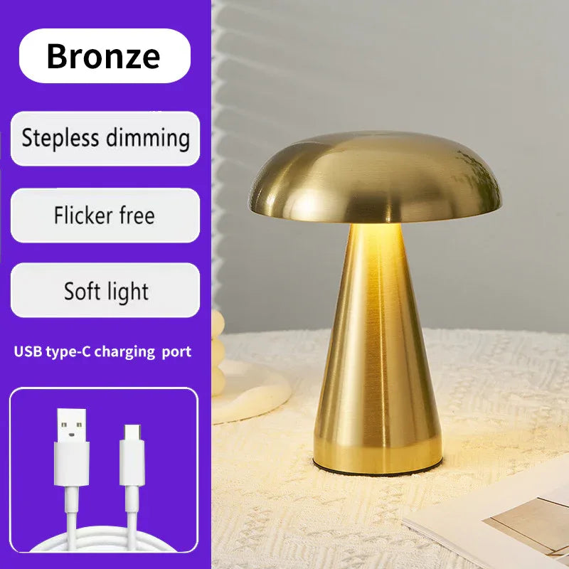 Bronze Metal Mushroom Table Lamp - Rechargeable Touch Control Ambient Light with Remote - Mekamart Australia
