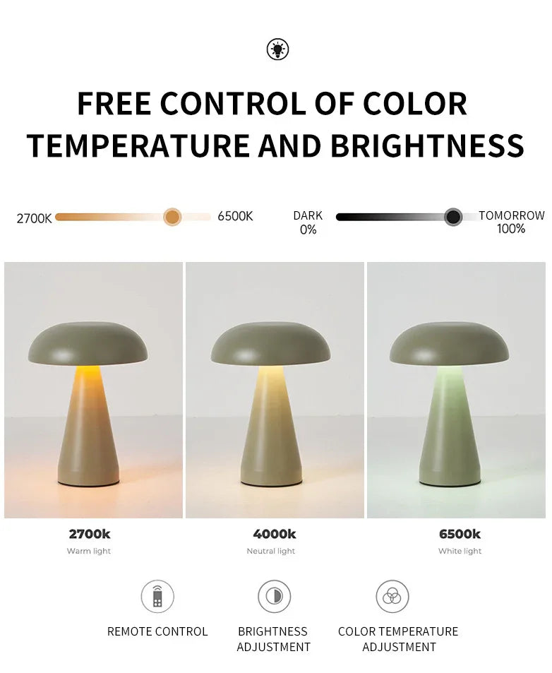 Bronze Metal Mushroom Table Lamp - Rechargeable Touch Control Ambient Light with Remote - Mekamart Australia